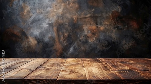 Wooden table with black background and dark wall, AI