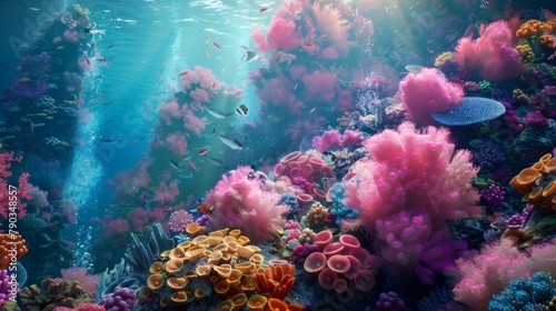 Underwater wonder: Colorful coral reefs teem with life beneath the surface of the ocean, creating a mesmerizing underwater landscape.