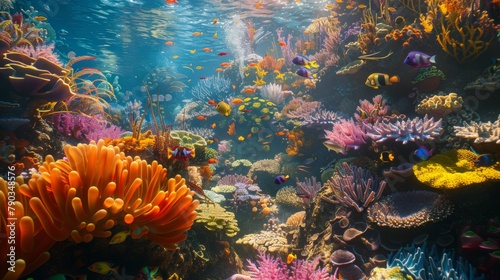 Underwater wonderland  A vibrant underwater garden of coral and sea anemones provides a colorful backdrop for a diverse array of marine life.