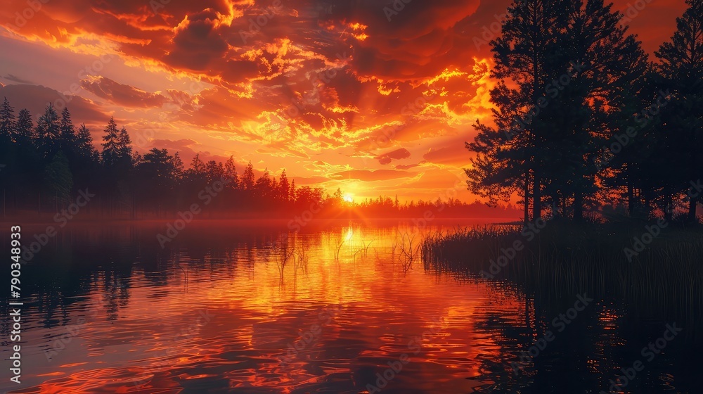 A serene lakeside scene at sunset, with the sky ablaze with fiery hues of orange and red, reflecting off the still waters of the lake, while silhouettes of trees line the shoreline, 