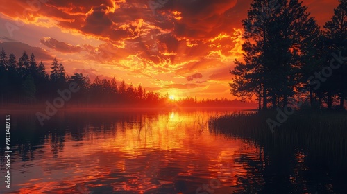 A serene lakeside scene at sunset  with the sky ablaze with fiery hues of orange and red  reflecting off the still waters of the lake  while silhouettes of trees line the shoreline  