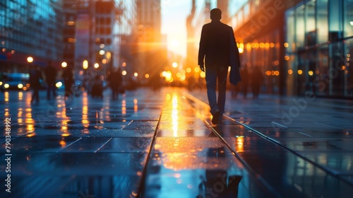 A man walking down a city street with the sun setting behind him, AI