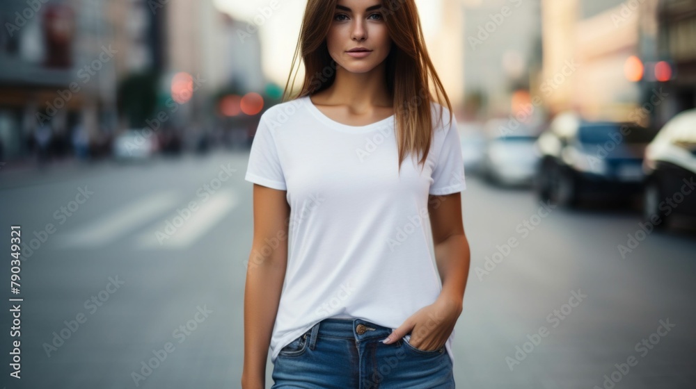 Urban Fashion: Woman in a Plain White T-Shirt in the City. Generative ai Urban Fashion: Woman in a Plain White T-Shirt in the City. Generative ai