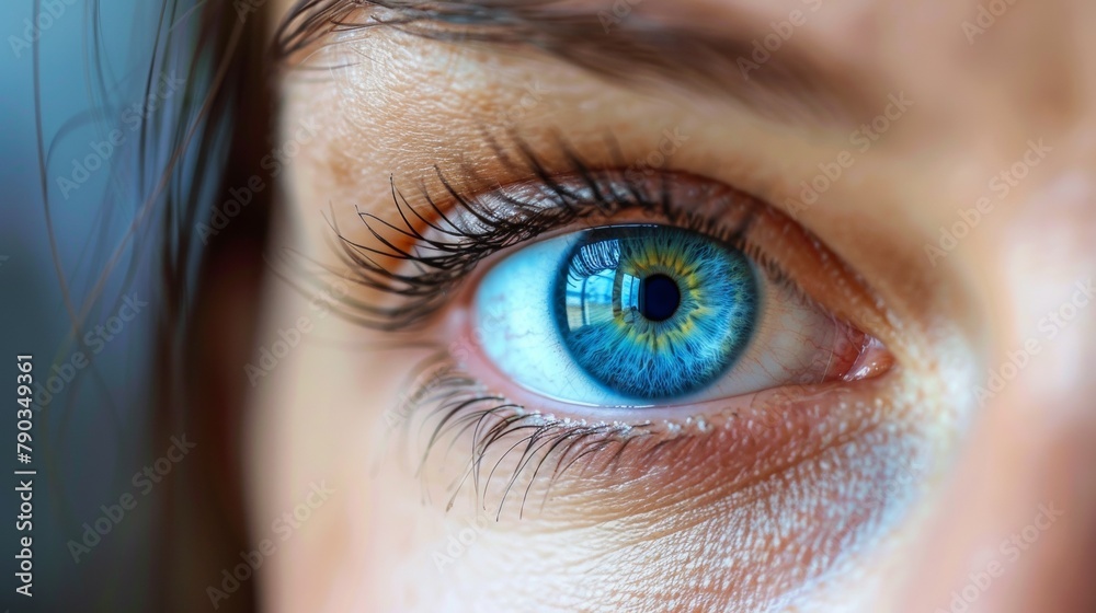 Fototapeta premium A close up of a woman's eye with blue iris, AI