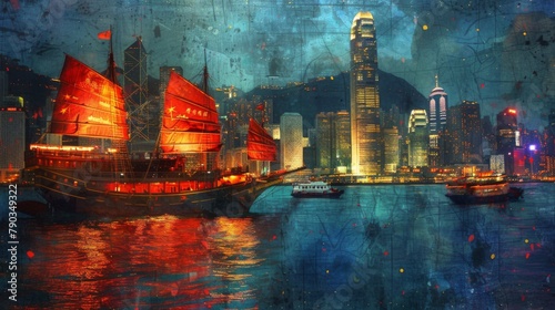 Victoria Harbour Hong Kong night view with junk ship on foreground photo