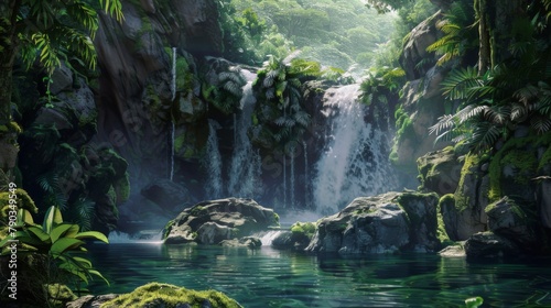 Waterfall oasis: A hidden waterfall cascades into a secluded pool, surrounded by lush vegetation and moss-covered rocks. photo