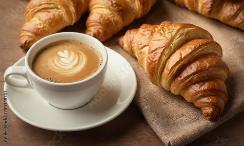 Close-up of a cup of fresh coffee and a croissant. Rustic wooden table in the background. Traditional French morning breakfast for banner poster or presentation with space for text.
