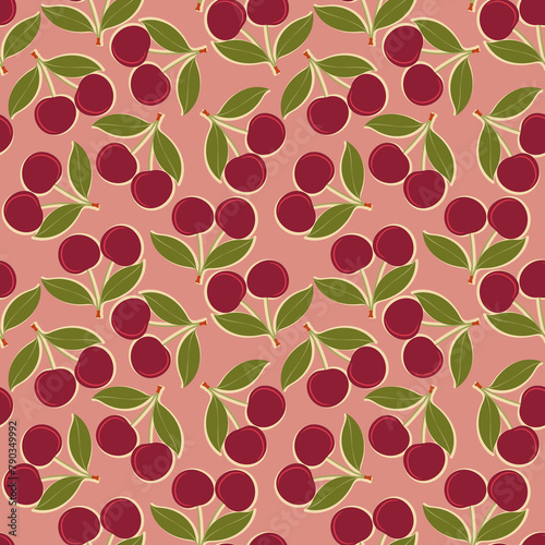 Seamless cherry pattern. Summer pattern with cherry berries. Red berry summer season print. Modern summer background. Perfect for fabric and textile. wrapping and packaging, stationary design.