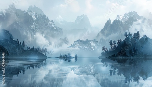 Serene mountain lake surrounded by misty peaks 