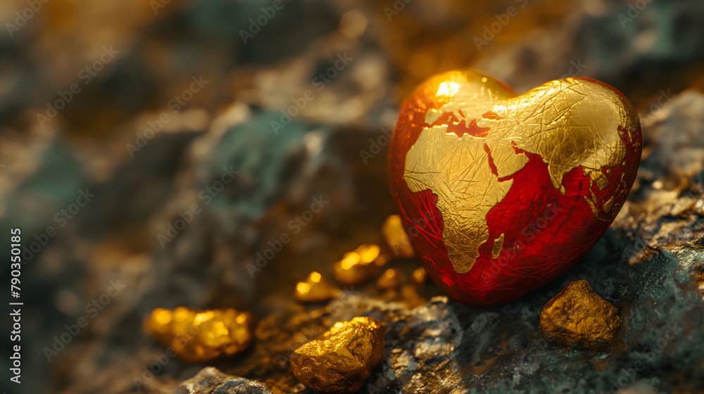 A striking heart shaped globe with golden continents resting among gold nuggets, symbolizing wealth, global love, and value, set against a textured earthy backdrop.