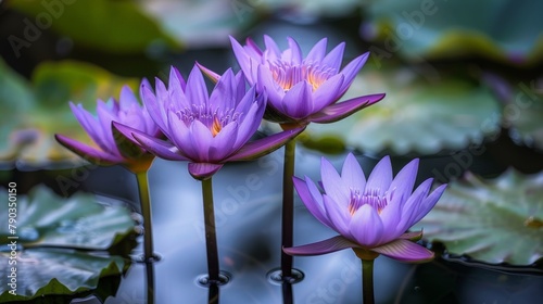 Purple water lilies in a pond with green leaves and water