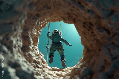 Cavers rappel down a treacherous underground chasm