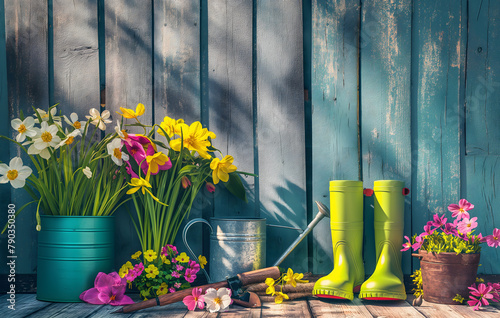 Gartenszene mit bunten Frühlingsblumen, einer Gießkanne und grünen Gummistiefeln auf einem Holzhintergrund, Textfreiraum