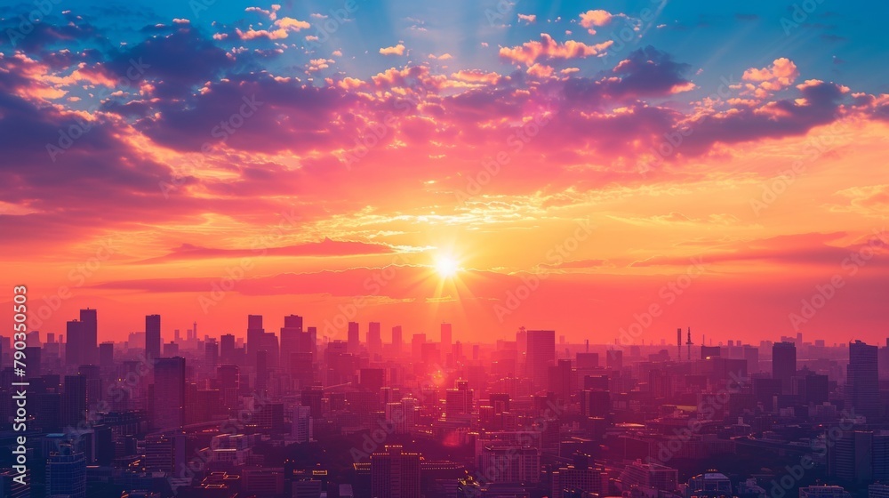 A city skyline with sun setting behind it and a bright orange sky, AI