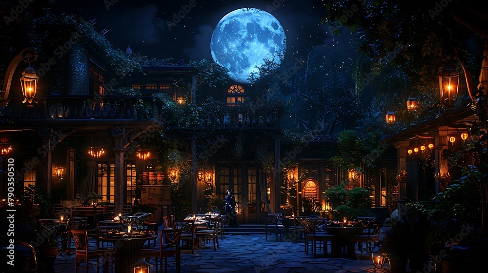 Experience the romance of a moonlit evening at a secluded night cafe, where the gentle rustle of leaves and distant chatter create an atmosphere of quiet enchantment.