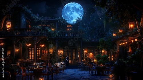 Experience the romance of a moonlit evening at a secluded night cafe  where the gentle rustle of leaves and distant chatter create an atmosphere of quiet enchantment.