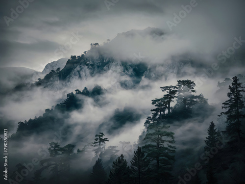 Niebla en la montaña, paisaje místico con neblina photo