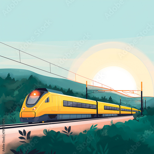 A yellow high-speed train at sunset