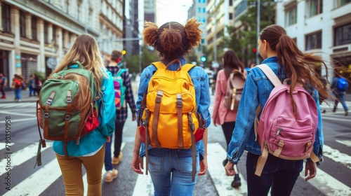 A group of young women with backpacks crossing a street, AI
