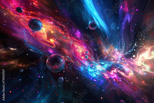 Abstract illustration of the spacious sky universe, with lot of colors, purple, orange, objects. Generated by AI. photo