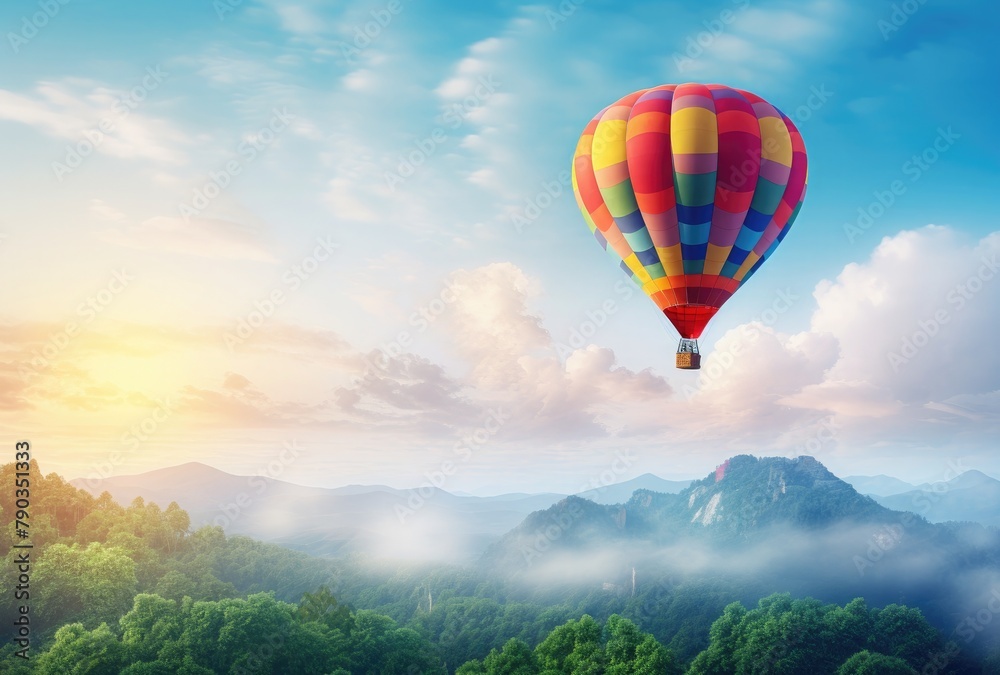 Obraz premium Colorful hot air balloon flying high in blue sky. 3D rendering