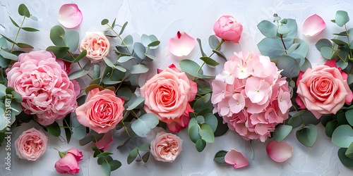 A mock-up of wedding and birthday stationery, featuring blank cards, invitations, and a floral composition of pink roses, peonies, hydrangea flowers, and eucalyptus leaves.
