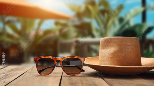 Summer Vibes: Sunglasses and Straw Hat on a Tropical Beach Boardwalk