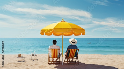 Serene Beach Vacation  Couple Relaxing Under Sunny Umbrella