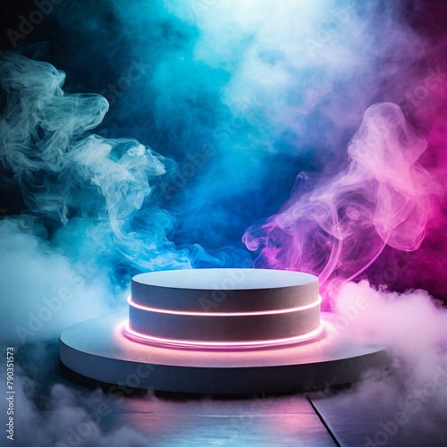 an empty podium surrounded by swirling dark smoke, neon light pink blue background 