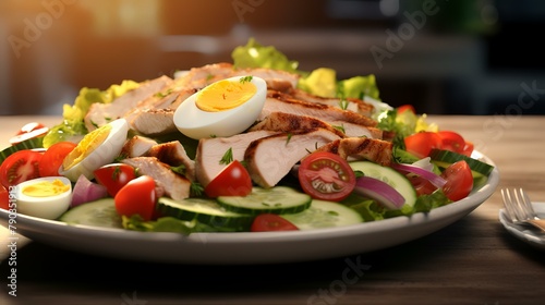 Healthy salad with chicken  eggs  and vegetables on a wooden table  closeup