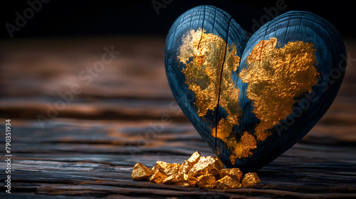 A striking wooden heart painted in deep blue with gold leaf cracks, symbolizing beauty in brokenness, presented on a rustic wooden surface alongside scattered gold nuggets.