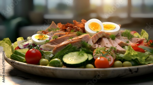 Healthy salad with chicken, eggs, and vegetables on a wooden table, closeup