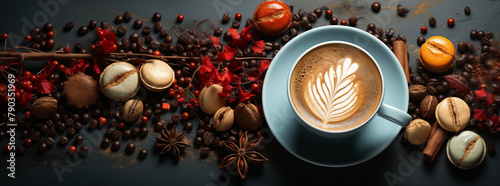 Kaffeetasse mit einem Kaffee und Verzierung durch Milchschaum, Schöne Tasse auf dem Tisch photo