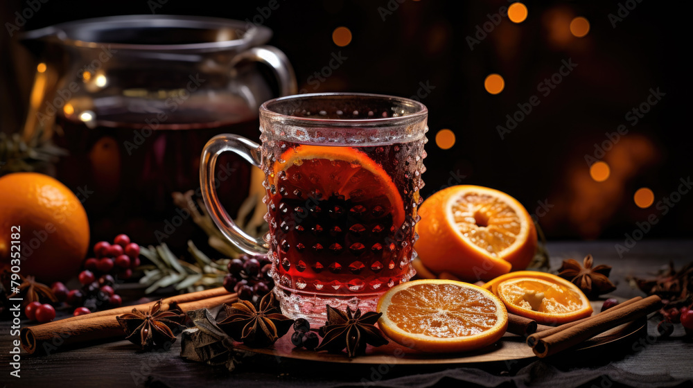 Festive Mulled Wine with Citrus and Spices on a Warm Ambience Background Festive Mulled Wine with Citrus and Spices on a Warm Ambience Background