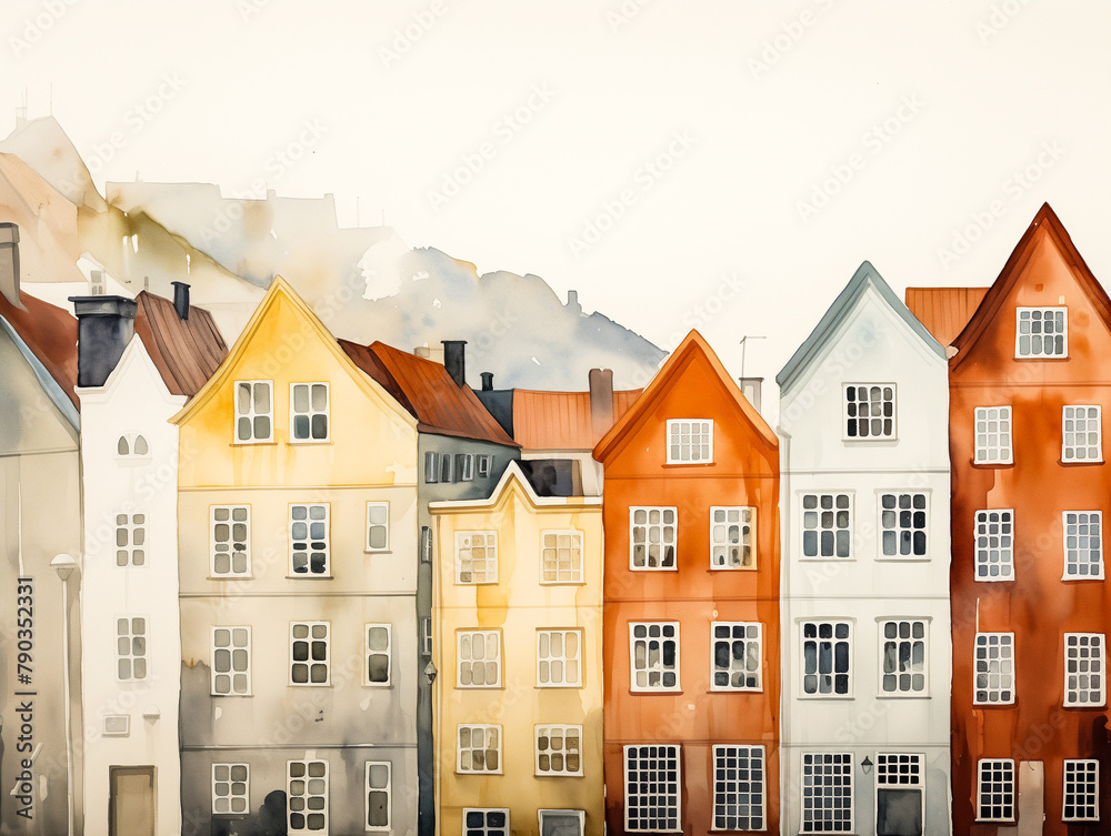 Minimal watercolour of Norway. View of Bergen, facades front view, tranquil surfaces, watercolor