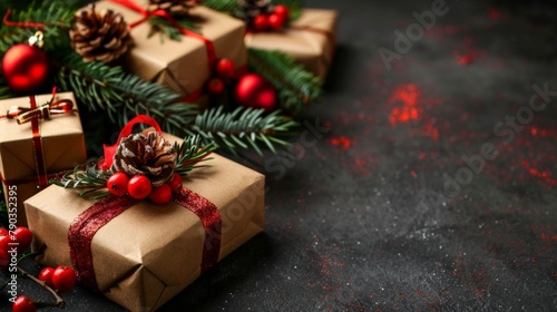 Christmas presents wrapped in brown paper with red ribbon and pine cones photo