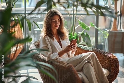 Beschäftigte, schöne, reife Geschäftsfrau mittleren Alters, die ihr Mobiltelefon benutzt und auf ihr Smartphone schaut, sitzt in einem bequemen Stuhl in einem modernen Büro mit grünen Pflanzen