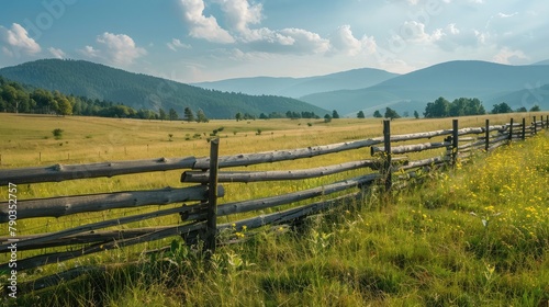 wooden fence on the meadow. mountainous rural landscape of transcarpathia, ukraine in summer. photo