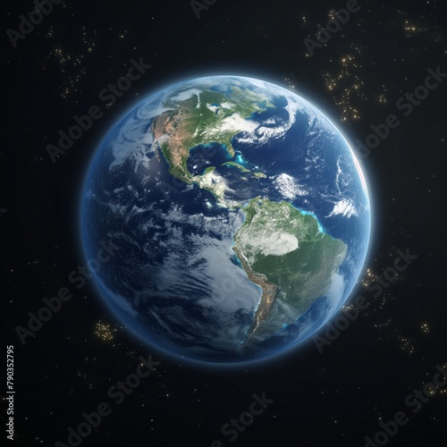A blue and white planet with a dark sky background. The planet is surrounded by stars and the sky is filled with light