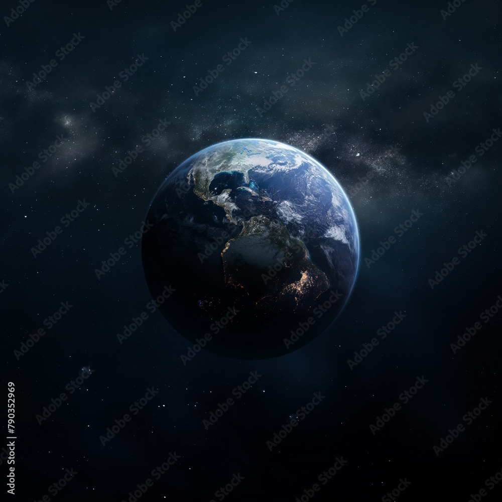 A dark blue planet with a bright star in the background. The planet is surrounded by a lot of stars and the sky is dark