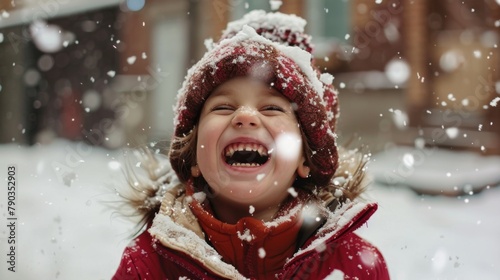 Child playing in snow: A joyful child laughs and plays in the soft snow, their rosy cheeks and bright smile capturing the pure delight of winter.