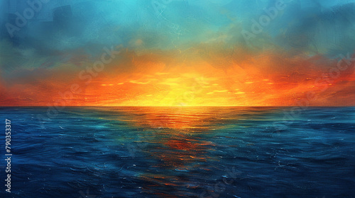 A tranquil ocean sunset texture horizon abstract art from a serene original painting for abstract background in orange blue color detailed Coastal twilight. 