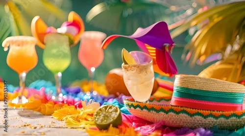 Colorful summer fiesta party,sombrero hat,maracas margarita cocktail,table colorful Mexican decorations. With the exotic beach.