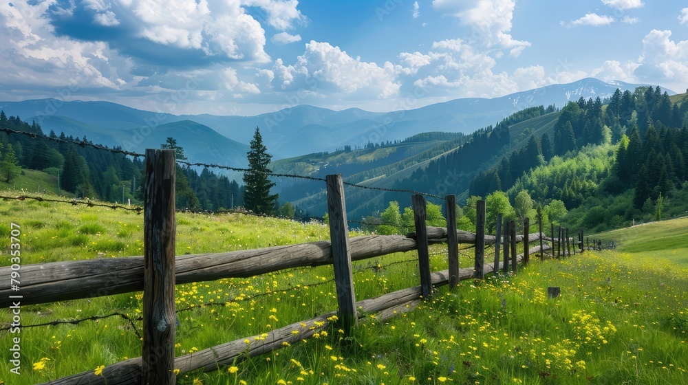 wooden fence on the meadow. mountainous rural landscape of transcarpathia, ukraine in summer.