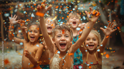 Exuberant kids playing with confetti outdoors. A vibrant scene for themes of childhood, celebration, and parties in various media. photo