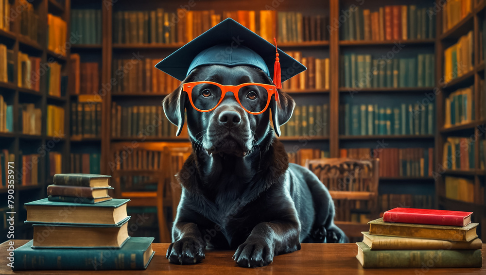 Cute dog wearing a bachelor's cap in the library Cute dog wearing a bachelor's cap in the library
