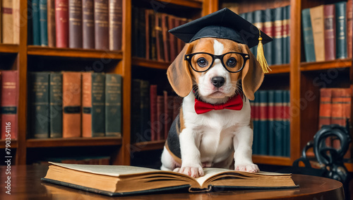 Cute funny  dog wearing a bachelor's cap in the library © tanya78