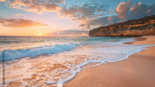 Coastal bliss: Gentle waves wash ashore on a sandy beach, framed by rugged cliffs and a picturesque sunset sky. photo