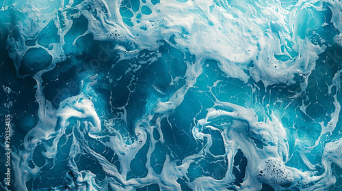 A vibrant blue oceanic texture sea foam abstract art from a serene original painting for abstract background in blue turquoise color detailed Ocean wave.  photo
