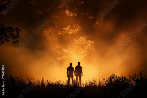 Mystical forest rendezvous. Silhouettes of two people against a fiery forest backdrop evoke mystery and romance. Fits themes of love, nature, and drama.